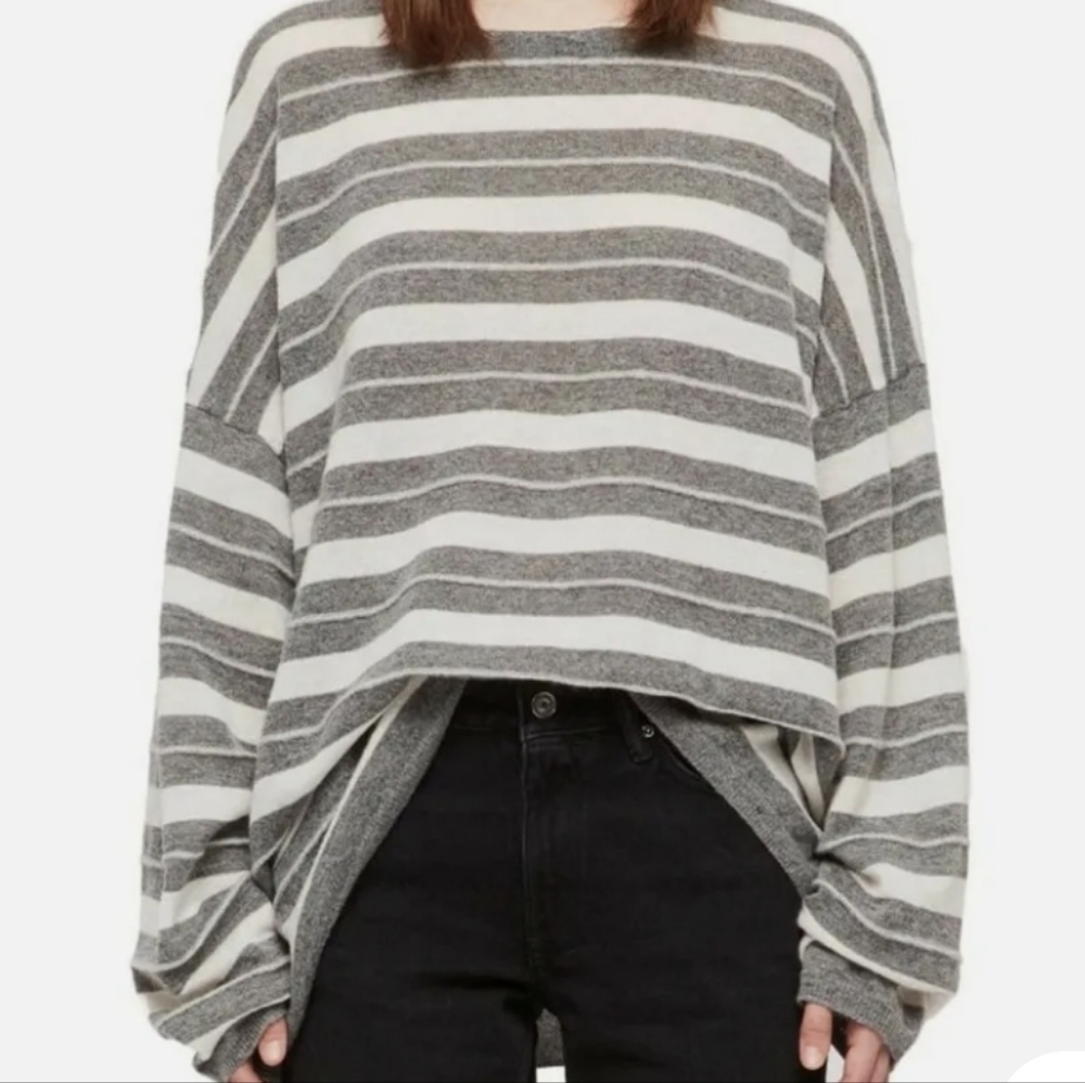 All Saints Striped Grey and Cream Oversized Sweater - Small